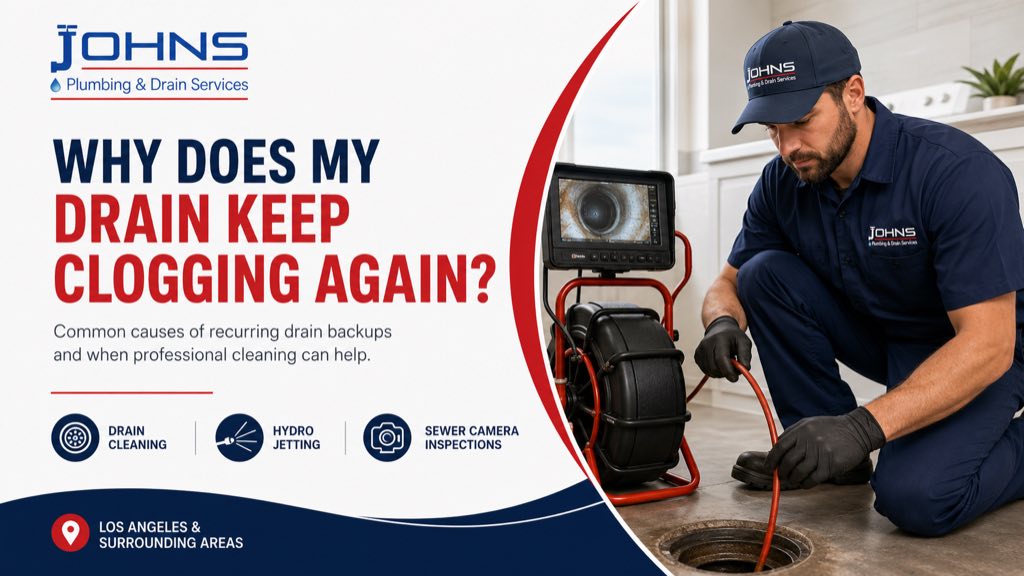 Johns Plumbing technician using sewer camera equipment for recurring drain clogs in Los Angeles